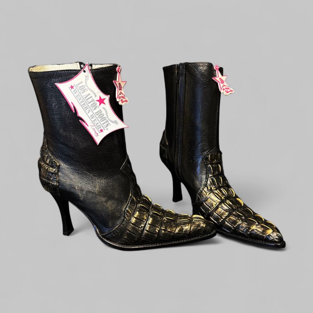 Los Altos Boots Black gold alligator Leather cowboy Western Woman Mex 24cm 7us